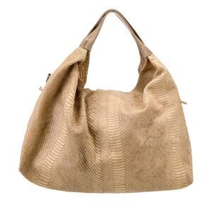 Furla Python Snake Skin Coated Hobo Bag Exotic Leather Tan Beige Slouch